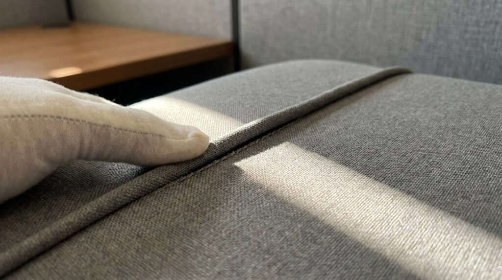 A gloved thumb pressing along the closed piped welt seam of a grey fabric office chair seat cushion, with a beam of light raking across the stitch line