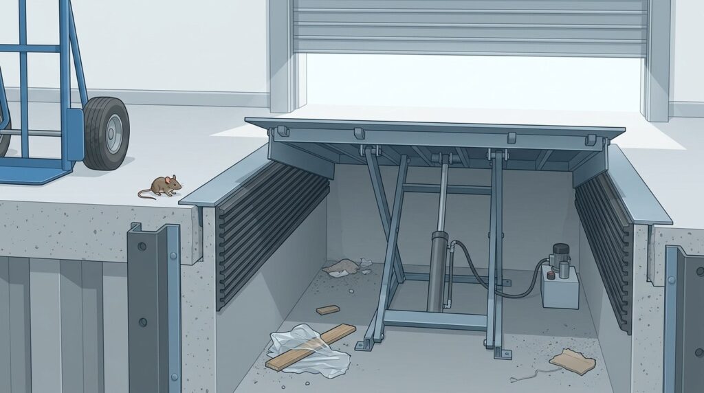 Cutaway illustration of a warehouse dock leveler showing the deck plate hinged at the rear, the folded lip plate, the hydraulic lifting frame in the pit below and a mouse on the concrete beside the pit