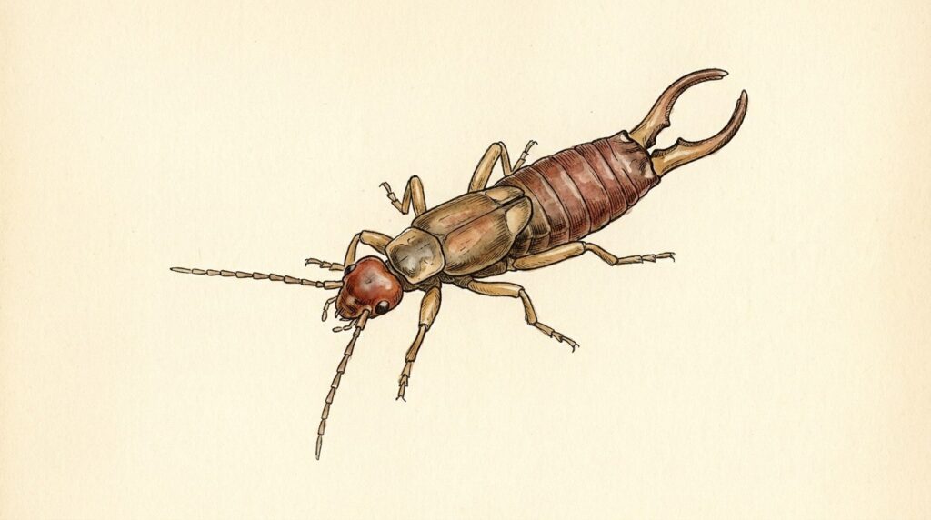Watercolor field guide illustration of a whole European earwig from above, showing its head and short mouthparts, long antennae, wing covers and the curved forceps at its tail