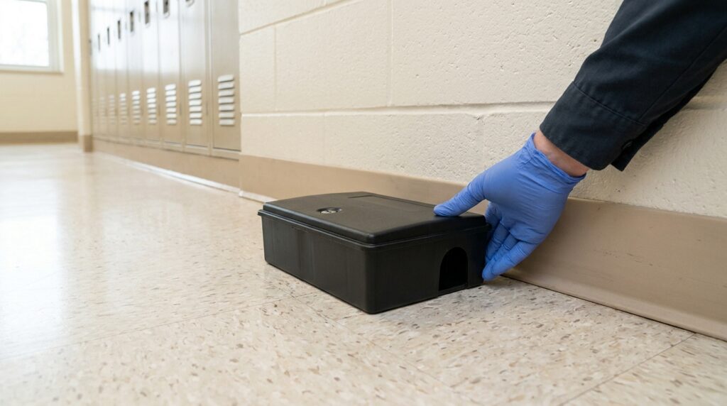 A blue-gloved hand pressing a low black rectangular tamper-resistant bait station against the base of a cinder-block wall in a school corridor, with lockers receding down the hallway