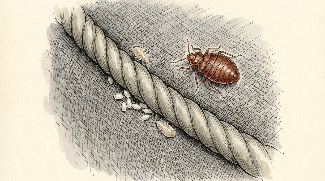 Field guide illustration of an adult bed bug on grey woven upholstery beside a thick piped welt cord, with two pale nymphs and a cluster of small white eggs tucked against the stitch line