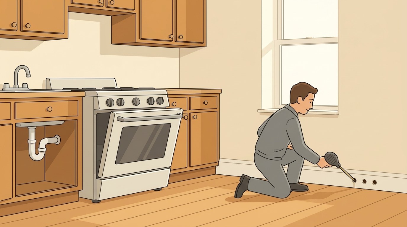 Illustration of a vacant apartment kitchen mid-turnover with the cooker pulled forward and the sink base open, as a technician kneels to dust a drilled hole above the baseboard