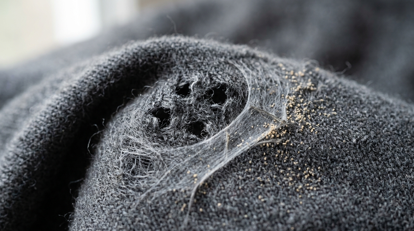 Macro photograph of a charcoal wool sweater fold with a cluster of small ragged holes, pale silk webbing lying flat across the damage, and sandy frass granules caught in the knit
