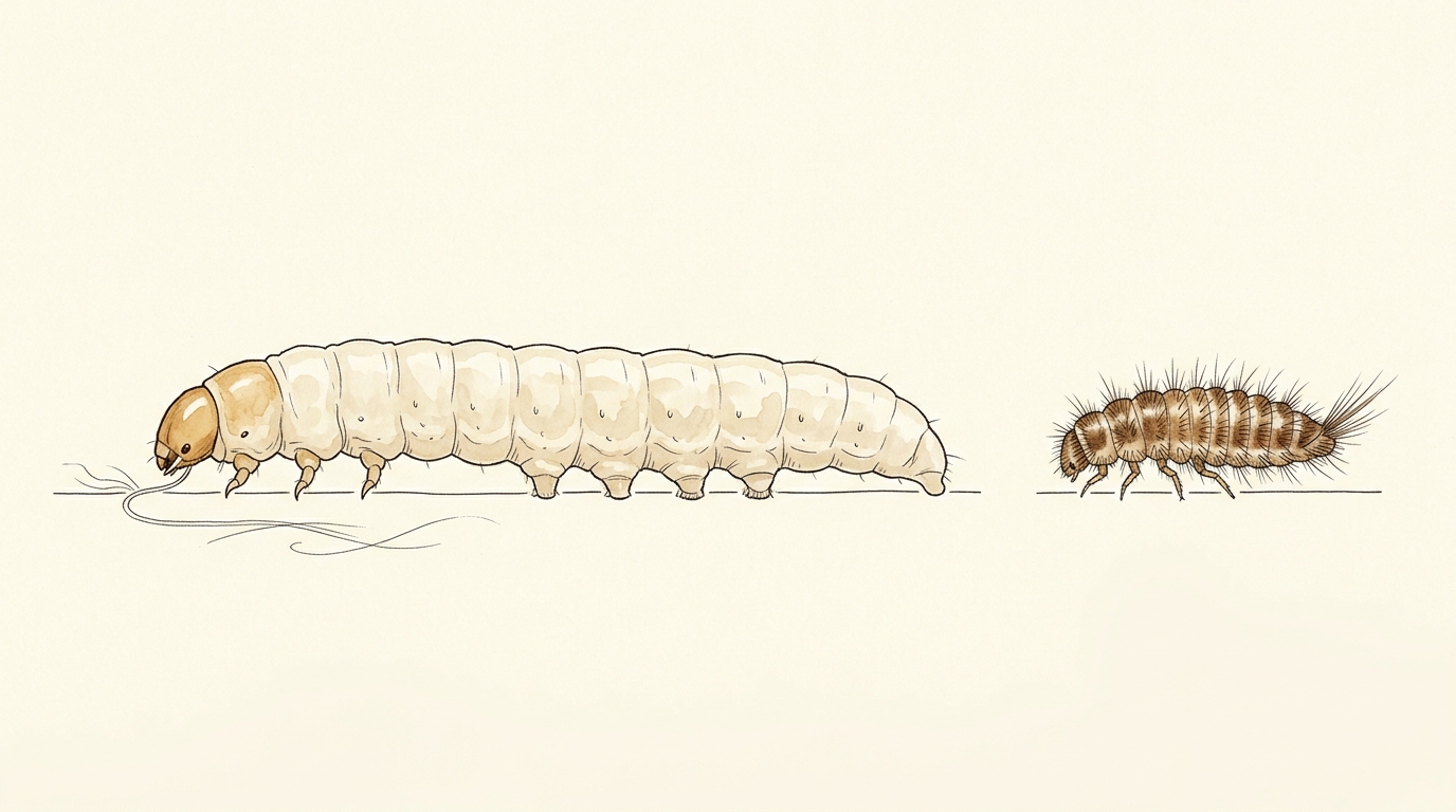 Watercolor comparison plate: a long smooth cream clothes moth larva with a fine silk thread from its mouth on the left, beside a much smaller bristly brown banded carpet beetle larva on the right