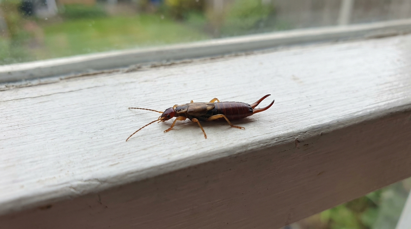 Close-up photograph of a single European earwig on a white painted windowsill with its curved rear forceps in focus