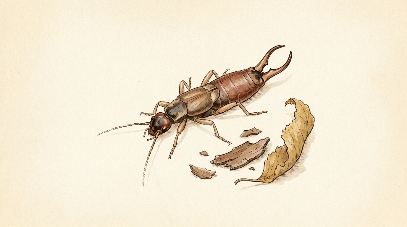 Field guide illustration of a European earwig with curved rear forceps beside bark mulch fragments and a dried leaf