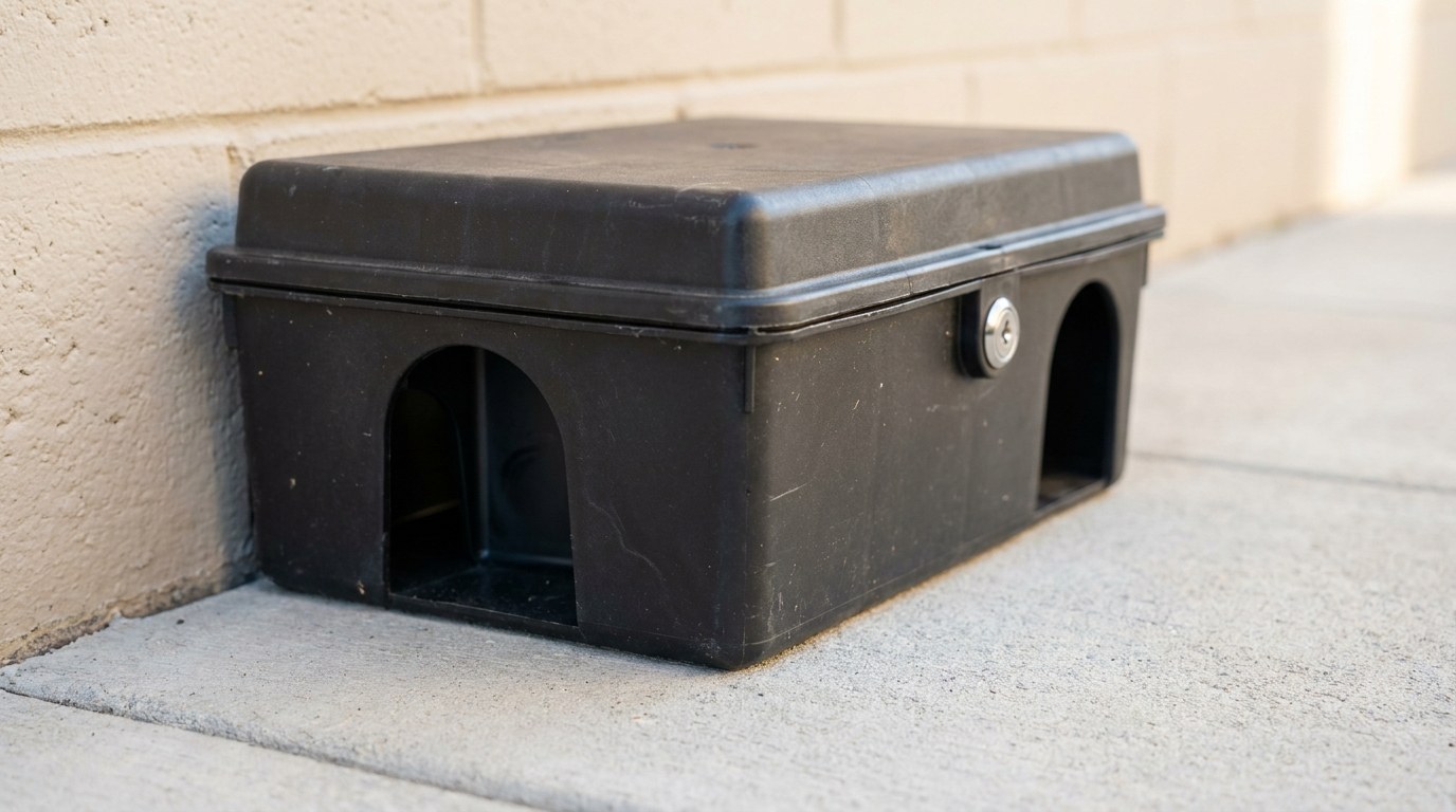 A black tamper-resistant rodent bait station on concrete paving against a block wall, with matching arched entry openings and a key lock on the closed lid