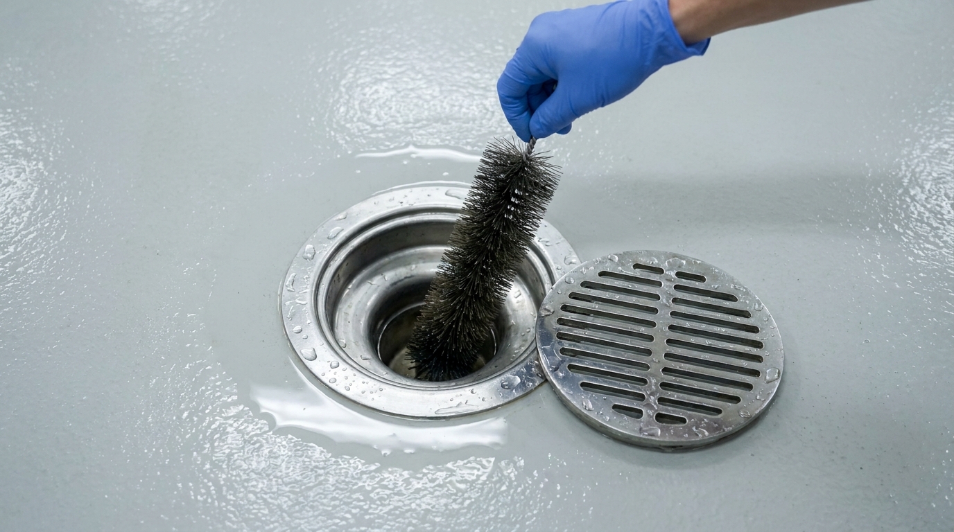 One blue-gloved hand lowers a long bristled drain brush into an open stainless-steel floor drain, with the lifted grate resting on the wet floor alongside.