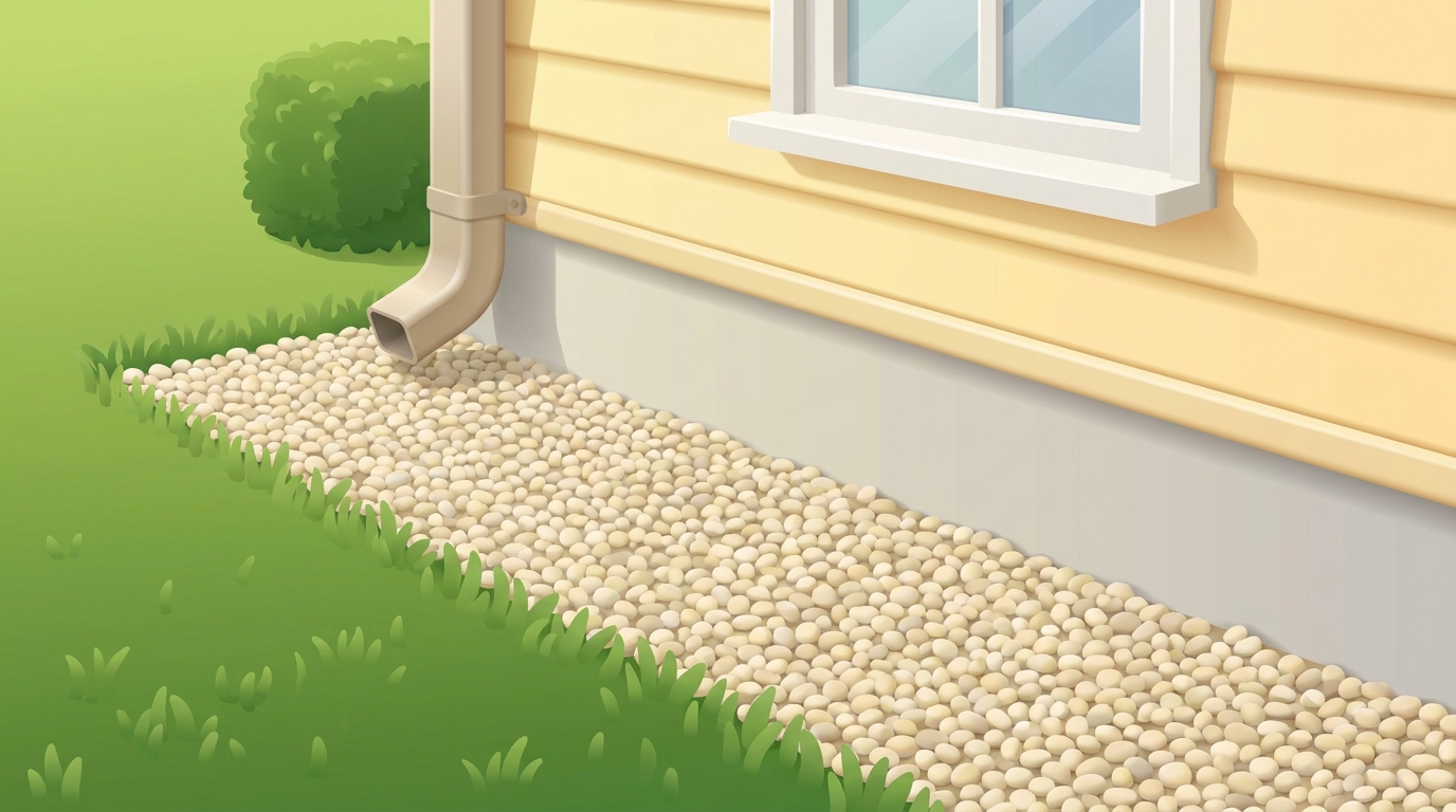 A wide band of pale pea gravel separating a green lawn from the concrete foundation of a Long Island house