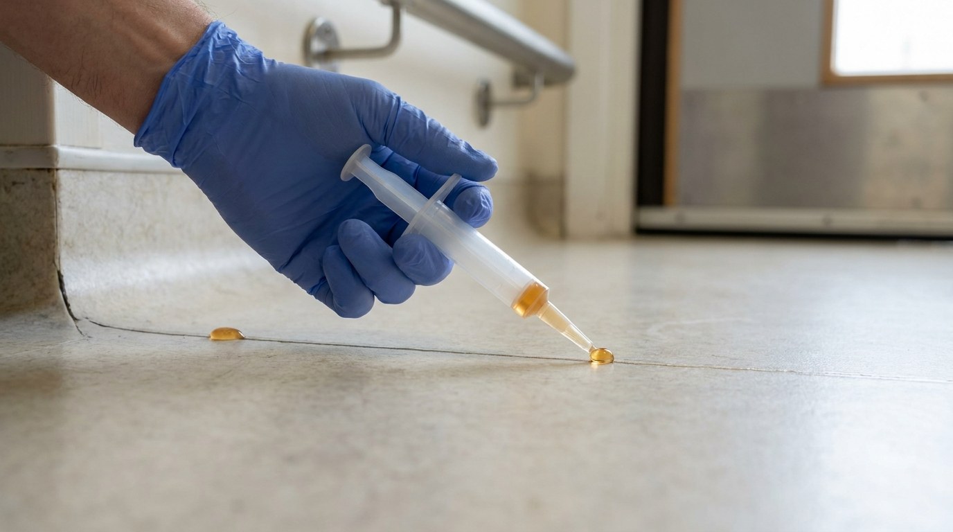A blue-gloved hand using a plastic applicator syringe to place a small bead of gel bait into the joint where the vinyl skirting meets the floor of a hospital corridor
