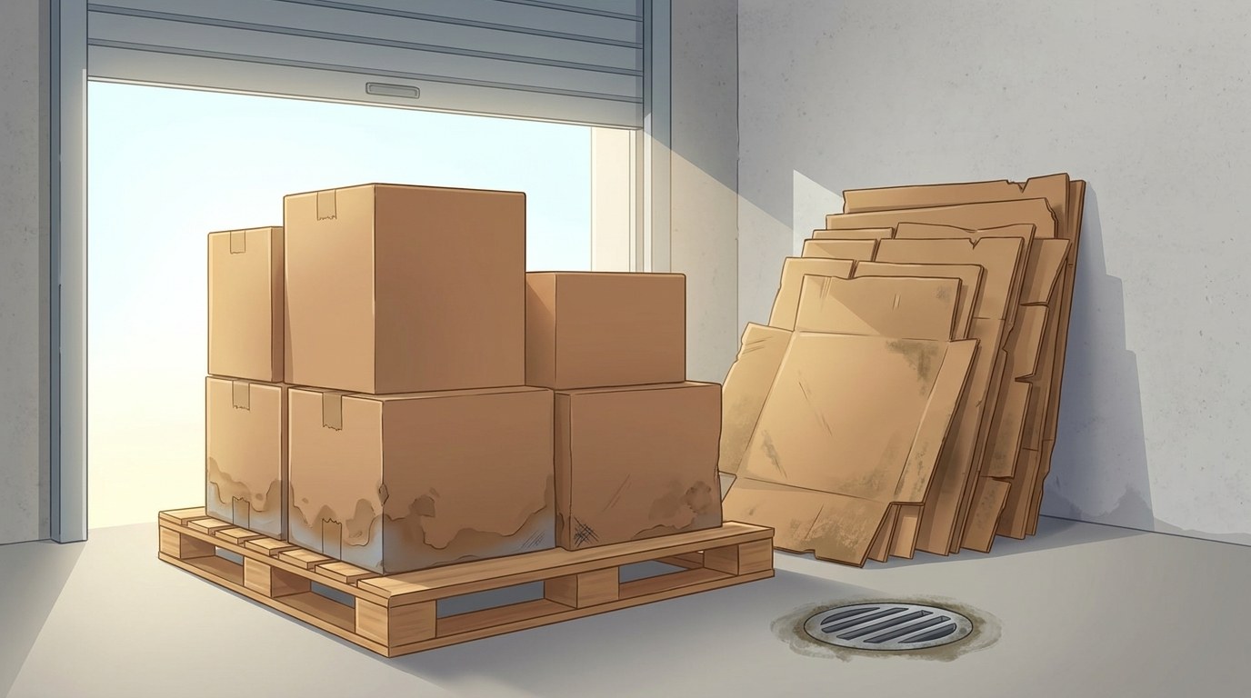 Damp-stained cardboard cartons on a wooden pallet beside a leaning stack of flattened cardboard at a hotel loading=