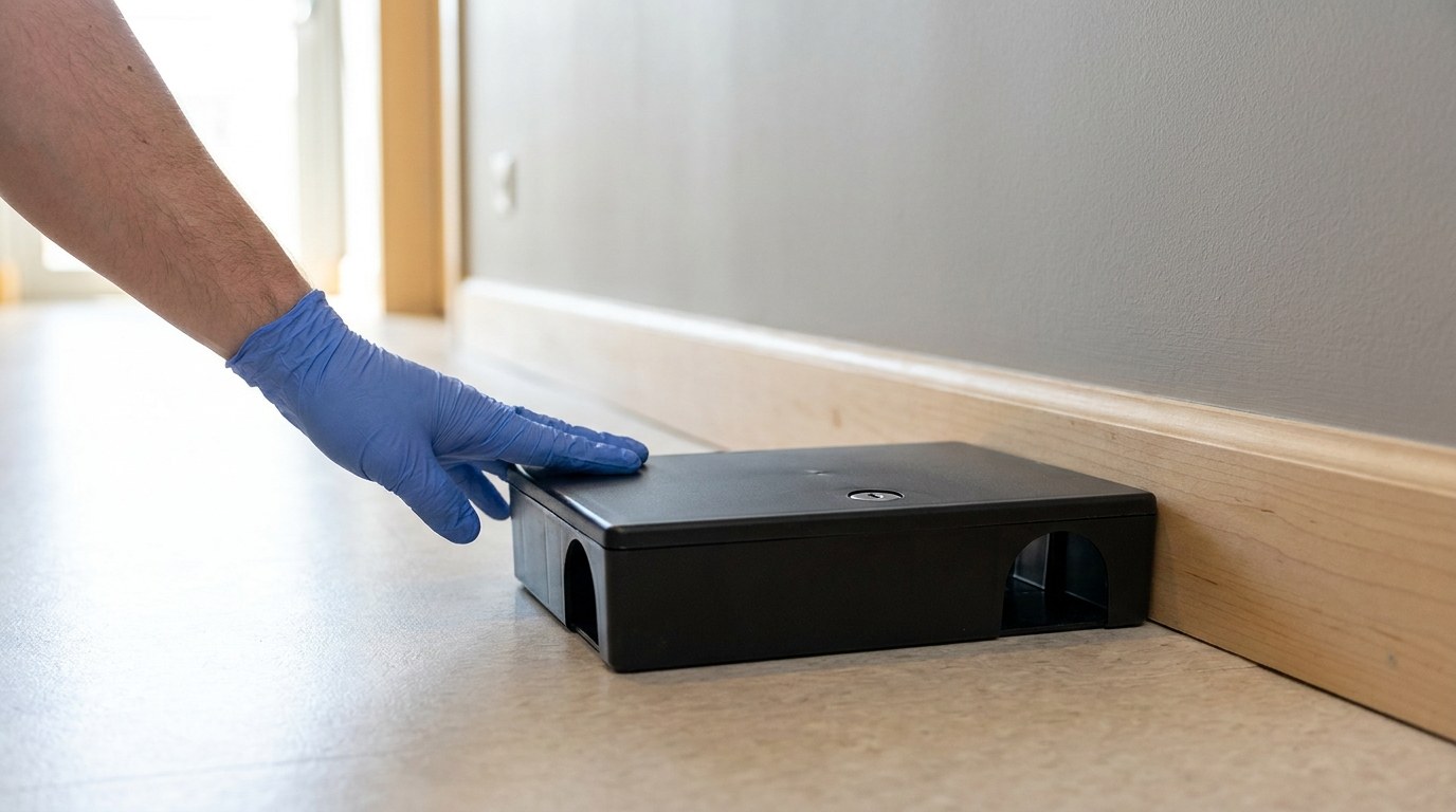 A gloved hand pressing a low-profile black bait station into place against the baseboard of a hotel service corridor, with a rodent entry archway on its end and a key lock in the lid