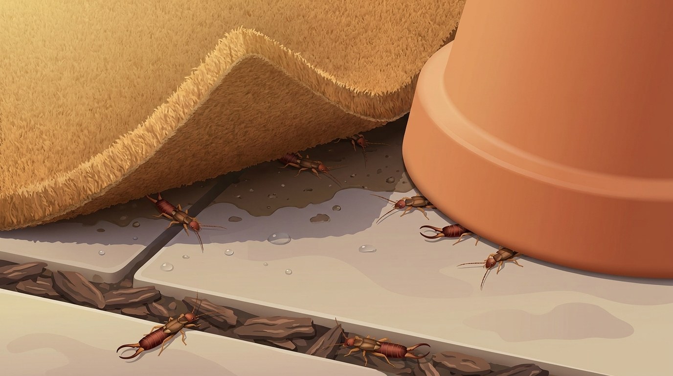 Illustration of a patio corner where earwigs shelter under a lifted doormat edge, a tipped terracotta flowerpot and a strip of bark mulch on damp paving