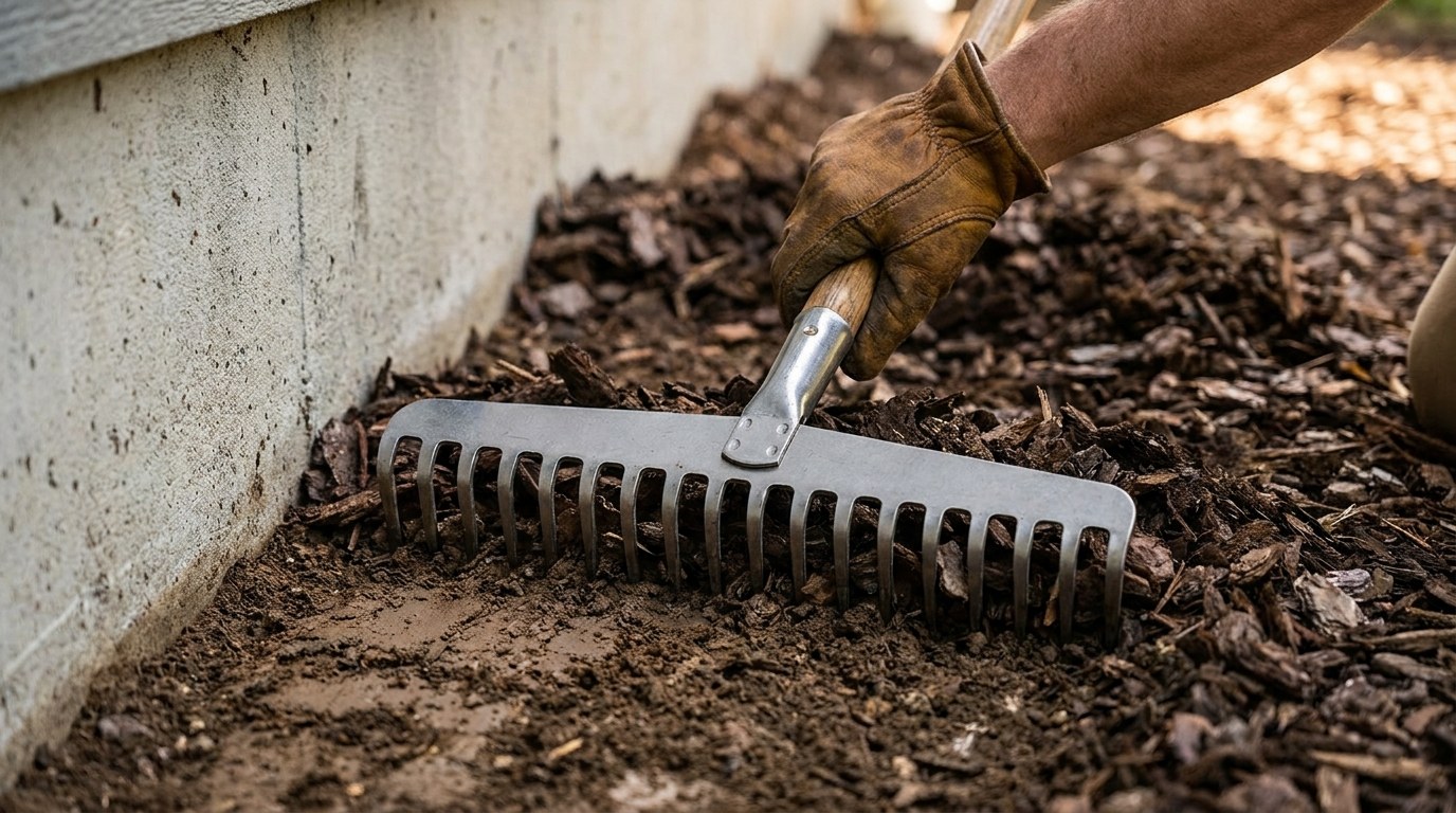A gloved hand drawing a steel garden rake through bark mulch to pull it back from a house foundation, opening a strip of bare soil along the concrete