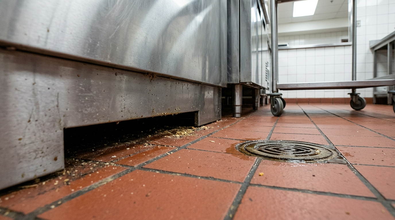 Floor-level view of a school servery showing crumbs and grease in the gap beneath a stainless counter kickplate, with a wet floor drain set into red quarry tile