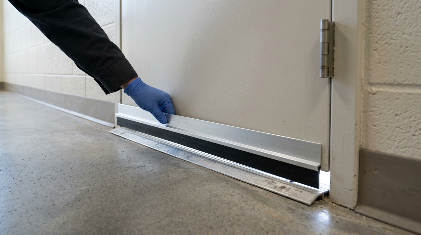 A blue-gloved hand holding a plain aluminum and rubber door sweep against the bottom of a metal service door, with daylight showing through the gap beneath and the door hinge and frame visible at the right