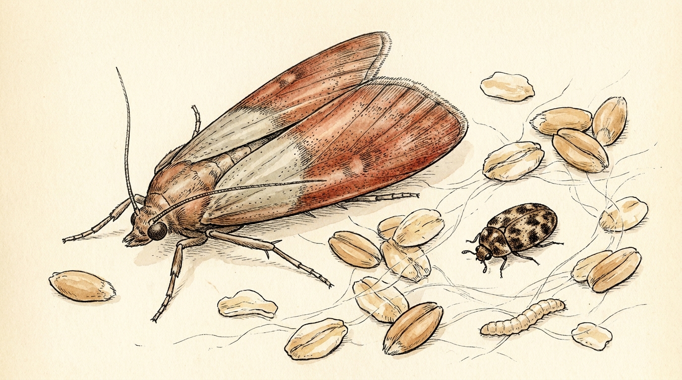 Field guide illustration of an adult Indian meal moth with two-tone coppery forewings beside a much smaller mottled brown warehouse beetle, with a pale larva, fine webbing and scattered grain kernels on cream paper