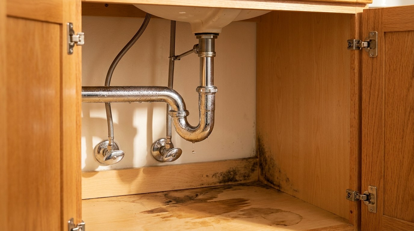 The brightly lit cabinet beneath an old apartment bathroom sink, where a chrome P-trap beaded with condensation drips onto a water-stained wooden base with dark mildew in the back corner