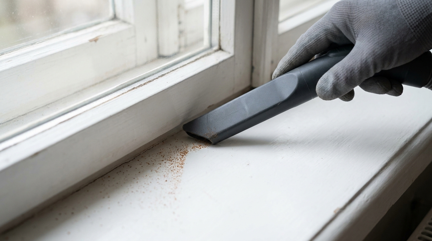 A gloved hand drawing a vacuum crevice nozzle along a windowsill joint to lift clover mites without crushing them
