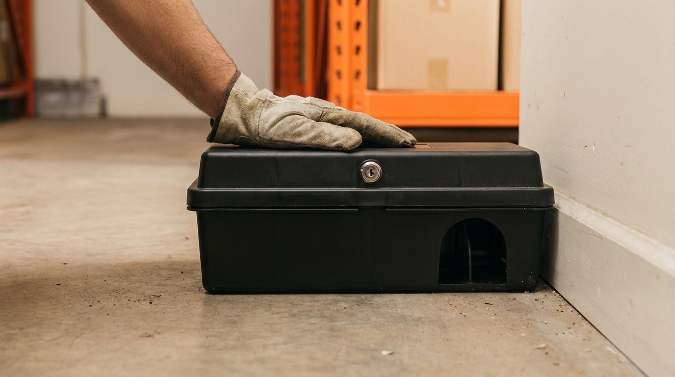 A gloved hand resting on the closed lid of a black tamper-resistant rat bait station seated on the floor against a warehouse wall, with a rodent entry archway on its end and racking blurred behind