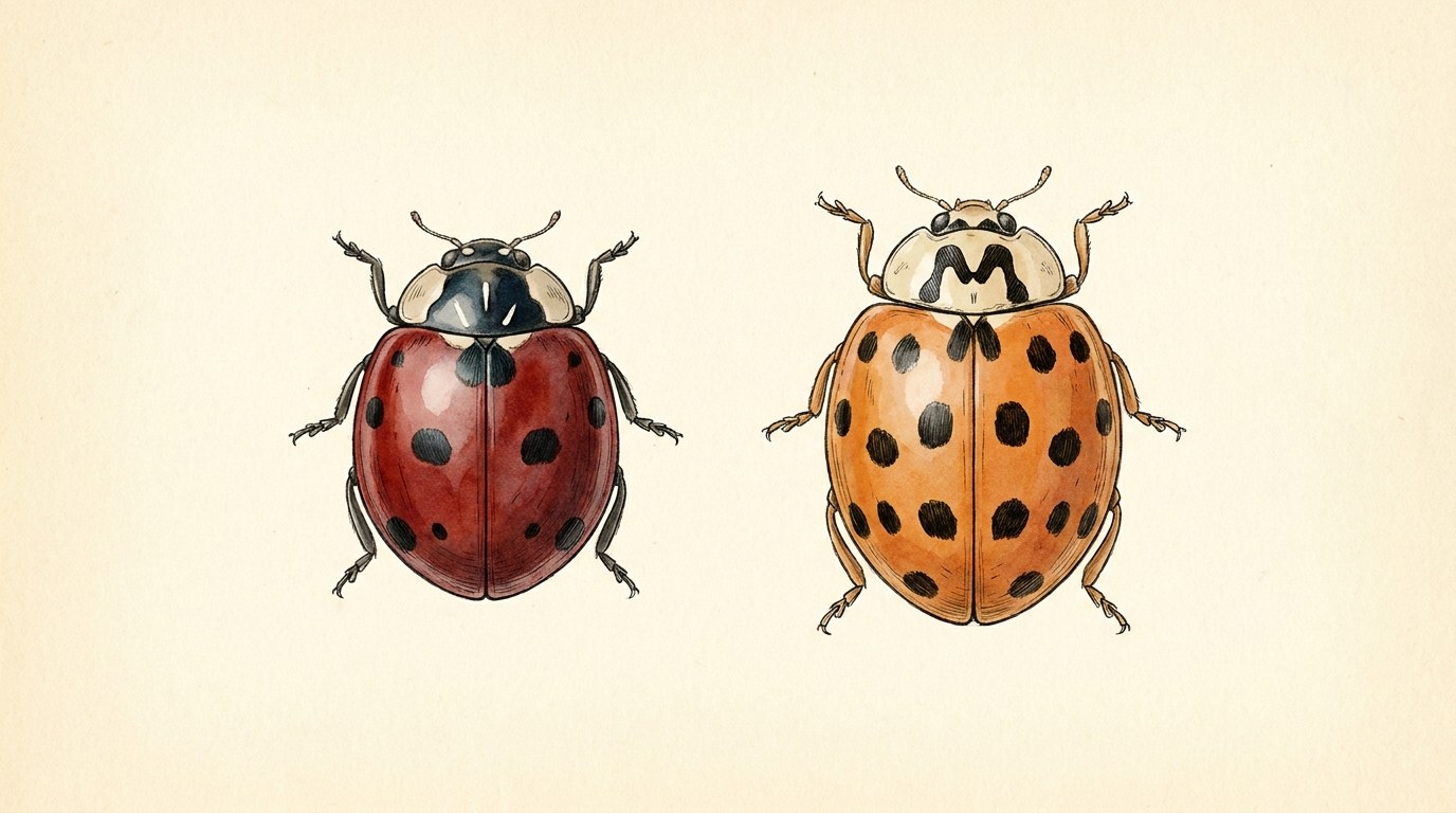 Field guide illustration comparing a smaller red native lady beetle with a dark shield behind its head beside a larger orange Asian lady beetle whose cream shield carries a broken black M