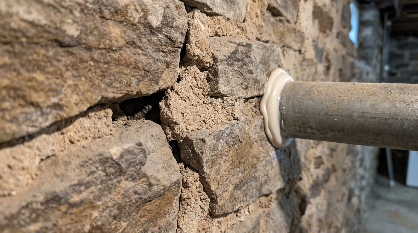 Close view of an old rubblestone basement foundation wall with irregular stones and crumbling, gapped mortar joints, and a bead of caulk sealed around a pipe passing through the wall
