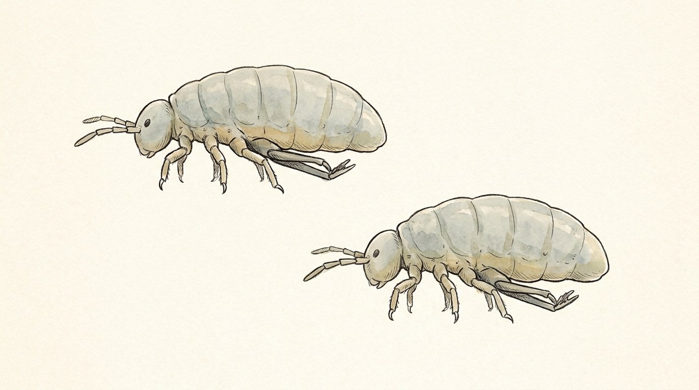Field guide illustration of two springtails in side profile, showing the soft segmented body, short antennae, six legs on the thorax and the forked furcula folded beneath the abdomen