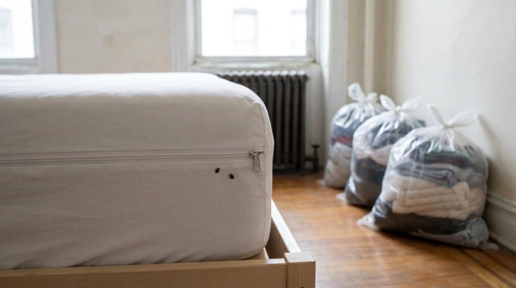 A mattress zipped shut in a white encasement on a wooden bed frame, with two bed bugs on the fabric below the zipper and three clear plastic bags of folded clothes along the wall of an apartment bedroom with a radiator under the window