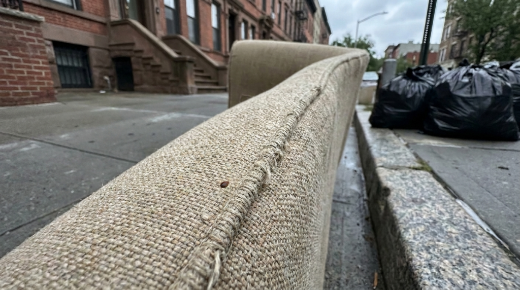 A bed bug on the coarse beige fabric of a rounded, padded upholstered furniture arm, near a frayed seam, outdoors on a city street by a stone curb, with black trash bags piled nearby and brick row houses with stoops behind it