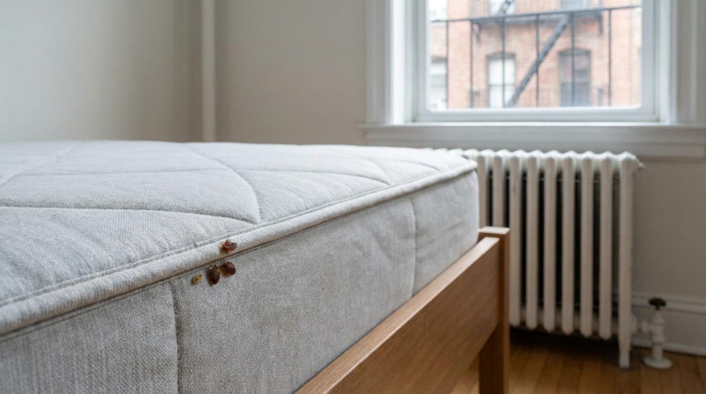 Three adult bed bugs and a smaller pale one on a gray mattress seam, a white radiator, and a black fire escape on a brick building outside