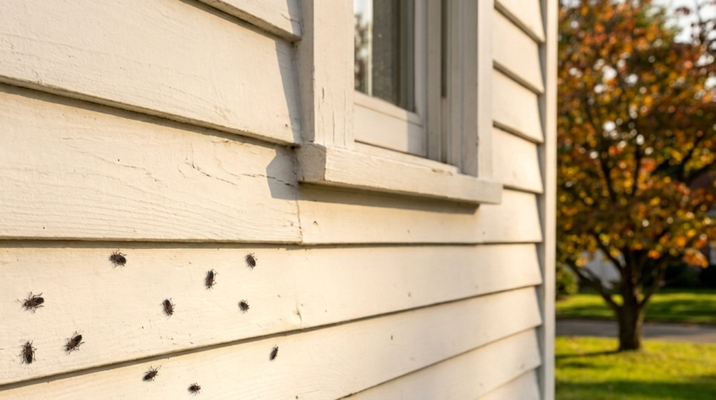 Photo of 11 black boxelder bugs with red edges spread across the lower clapboards of sunlit cream-colored siding, to the left of and below the level of a window, with a green lawn and a tree in fall color beyond the corner of the house.