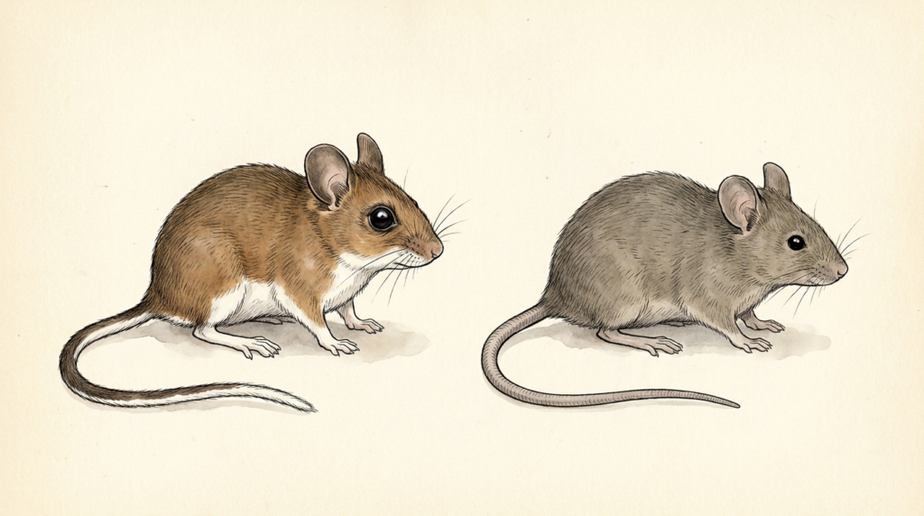 Watercolor drawing of two mice side by side: on the left, a brown mouse with a white belly, white feet and a furred tail that is dark on top and white underneath; on the right, a gray mouse with a gray belly and a thin, scaly gray tail.