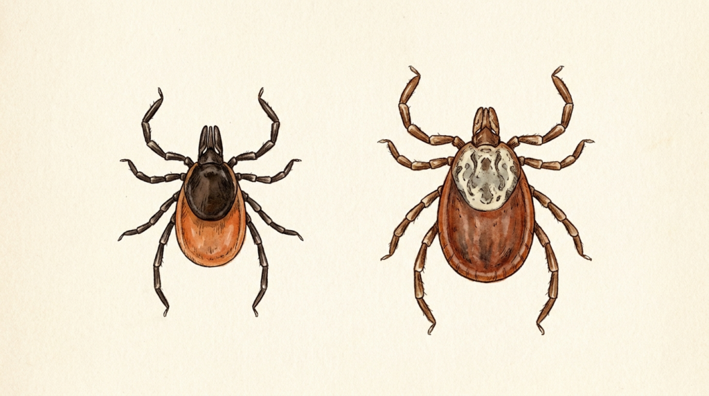 Watercolor field-guide illustration of two ticks seen from above on cream paper: a smaller deer tick with a solid dark shield and an orange-red body on the left, and a larger American dog tick with a mottled cream-and-gray shield and a reddish-brown body on the right.
