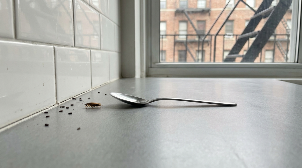 A small cockroach on a gray kitchen counter next to a teaspoon, with dark droppings along the white tile backsplash and a brick apartment building with a fire escape outside the window
