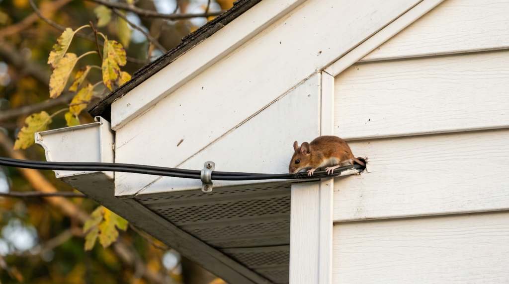 A small reddish-brown mouse with a white belly crouches on a black cable beside the ragged gap where the cable enters a house's white siding, just under the roof edge, with yellow fall leaves out of focus at the left.