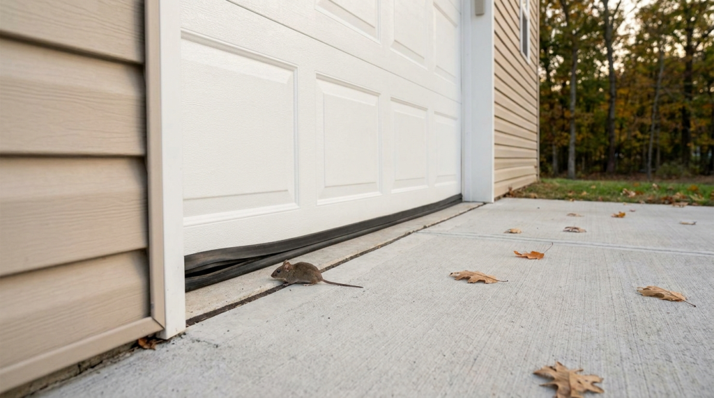 A small brown mouse on a concrete driveway at the bottom of a closed white garage door, where the door's black rubber bottom seal is split and sagging onto the concrete, beside beige siding, with fallen oak leaves and trees in fall color behind