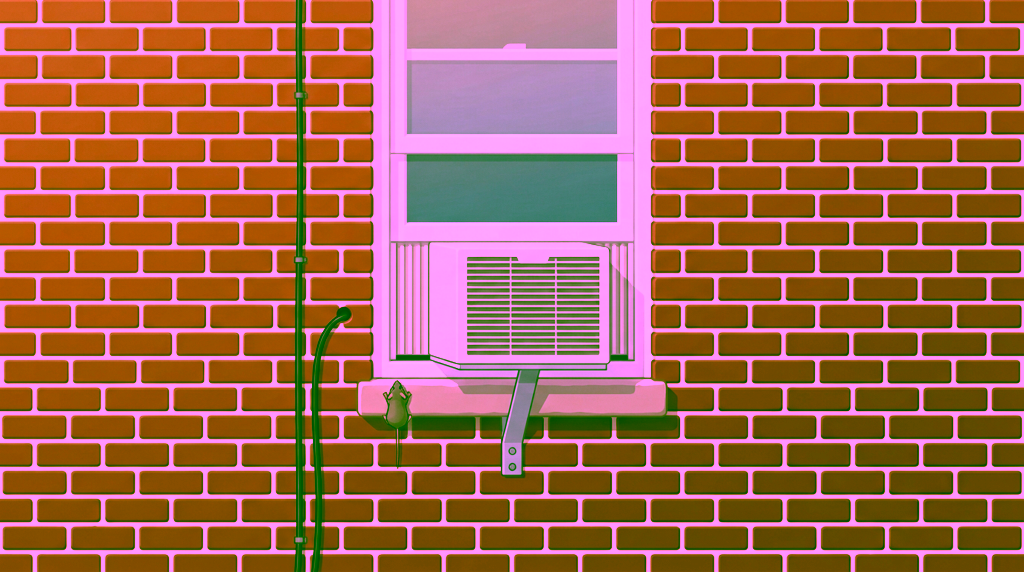 Flat illustration of a red brick building wall with a window air conditioner in a white window, a metal support bracket bolted to the brick below the stone sill, two black cables on the brick, and a small mouse climbing up the left end of the sill with its tail hanging down.