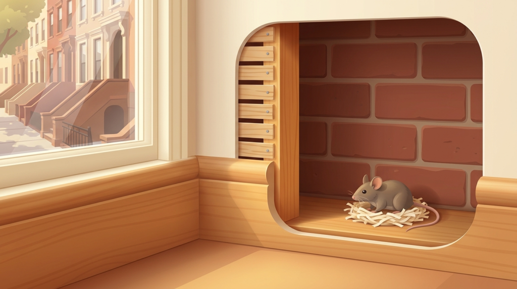 Illustration of a small gray-brown mouse on a nest of shredded material inside a cutaway wall, with wood lath strips, a wood stud and a brick wall behind it, next to a window looking out on a row of brownstone stoops.