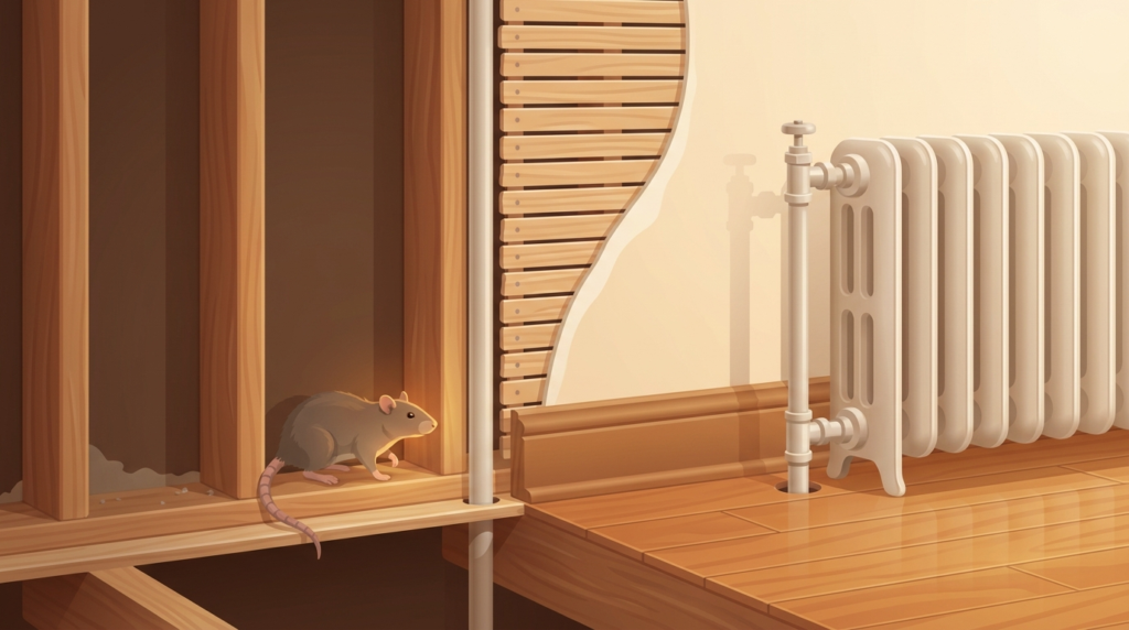 Illustrated cutaway of an old apartment wall with the plaster and wood lath opened up, showing a rat standing between the wooden studs beside a pipe, next to a radiator, baseboard and wood floor on the room side
