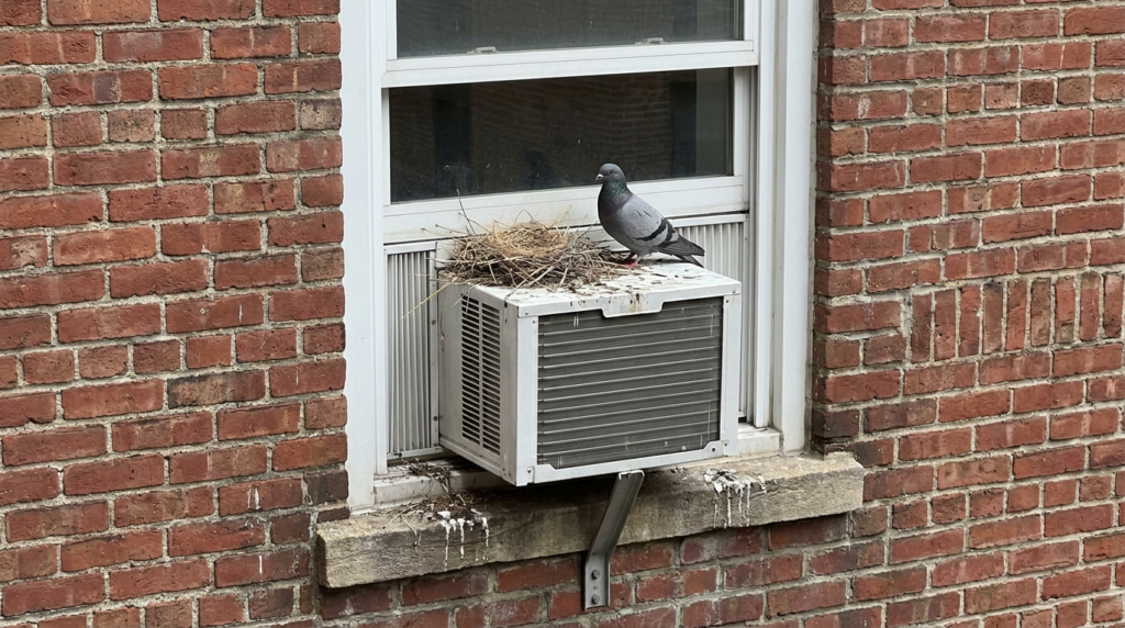 A gray pigeon stands beside a twig and straw nest on top of a window air conditioner in a red-brick wall, with white droppings on the unit and the stone sill below.