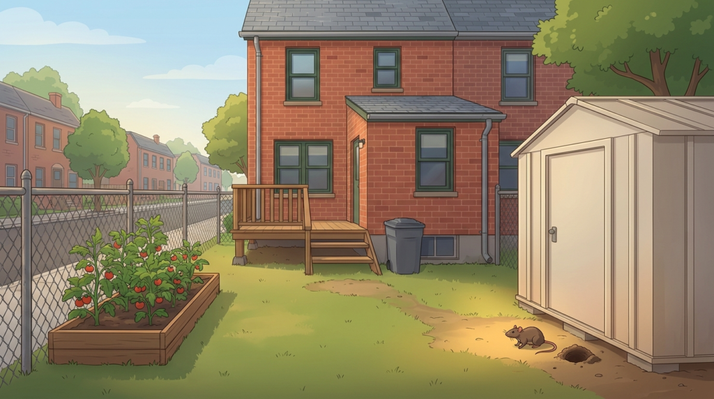 Illustration of a fenced backyard behind a red-brick row house, with a brown rat on a worn dirt path beside a burrow hole at the base of a backyard shed, near a raised tomato bed and a lidded trash can.