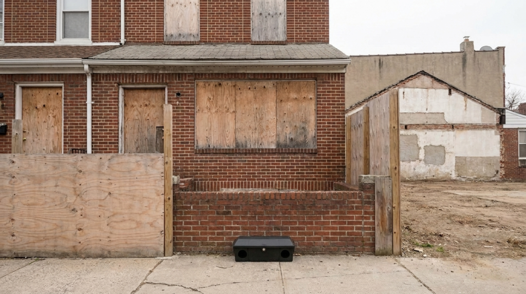 A boarded-up brick house behind a plywood fence, next to a cleared dirt lot and a bare, patched building wall, with a black rodent bait station with a key lock at the foot of a low brick wall.