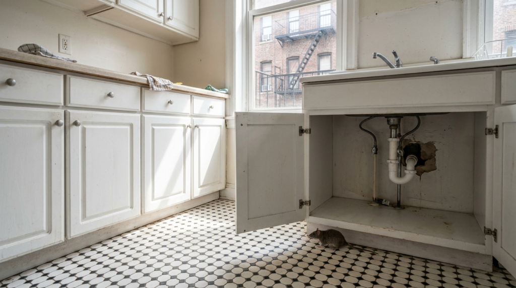 A brown rat on the black-and-white tile floor of an apartment kitchen, at the foot of an open sink cabinet where the drain pipe runs into a ragged hole in the back wall