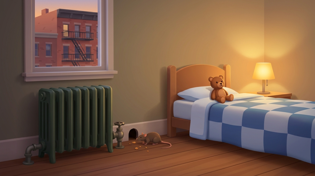 Illustration of a brown rat sniffing at cracker crumbs on the wooden floor beside a radiator, near a child's bed with a teddy bear, in an apartment bedroom with a brick building and fire escape outside the window