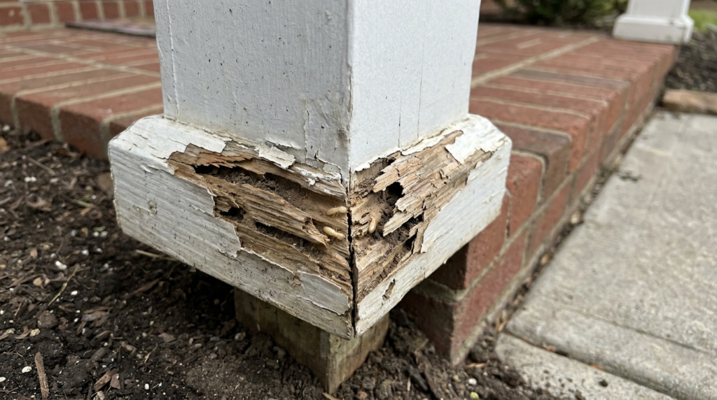 The base of a white painted wooden porch post beside a red brick stoop, its wood split open by termite damage just above the soil, with a few pale termites in the exposed tunnels