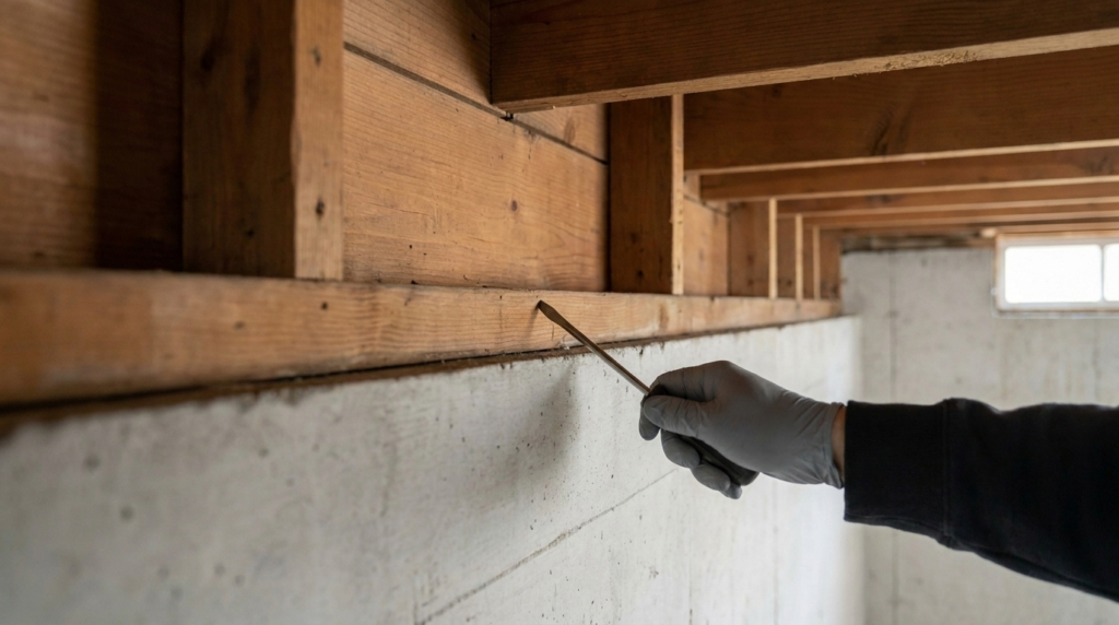 A gloved hand presses the tip of a flat-head screwdriver against the wooden sill plate where it sits on the poured-concrete foundation wall of an unfinished basement, with floor joists overhead and a small window in the background.