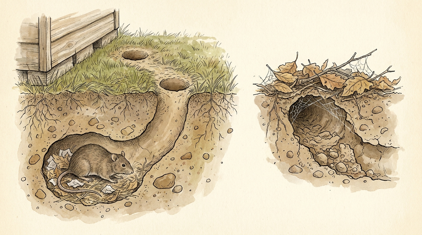 Watercolor cross-section of backyard soil beside a wooden plank structure: on the left, two open burrow holes in the grass and a tunnel down to a nest where a brown rat rests; on the right, an older burrow entrance covered with dry leaves and cobwebs, its tunnel partly filled with loose soil.