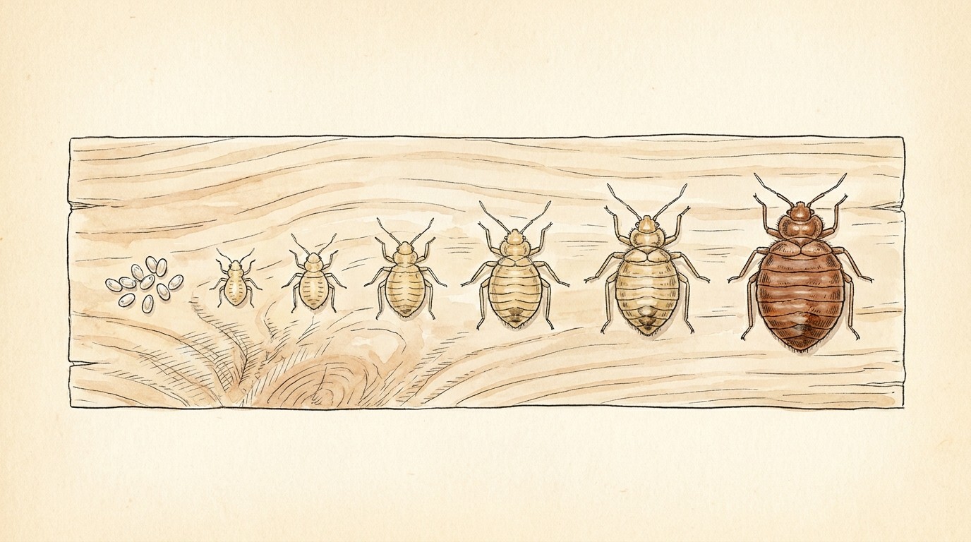 Watercolor illustration of bed bug life stages on a pale wood plank: a cluster of white eggs, five pale nymphs growing larger from left to right, and a reddish-brown adult