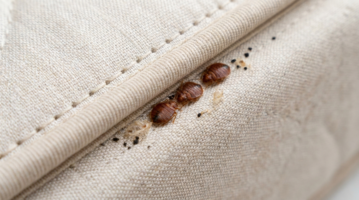 Close view of three bed bugs tucked along the piped seam of a beige mattress, with small dark fecal spots and pale shed skins in the crease nearby