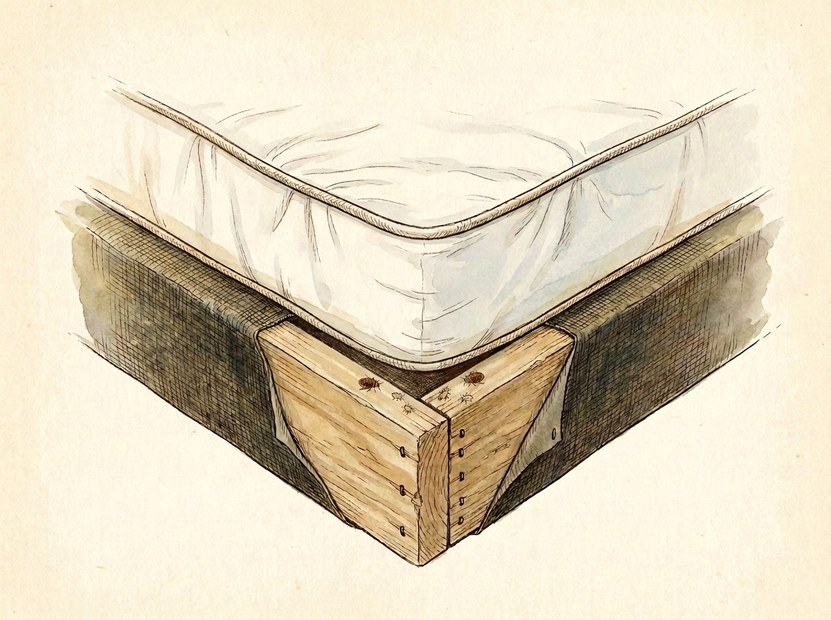 Watercolor cutaway of a box spring corner with its dark dust cover pulled back, showing bed bugs and pale nymphs on the wooden frame rail